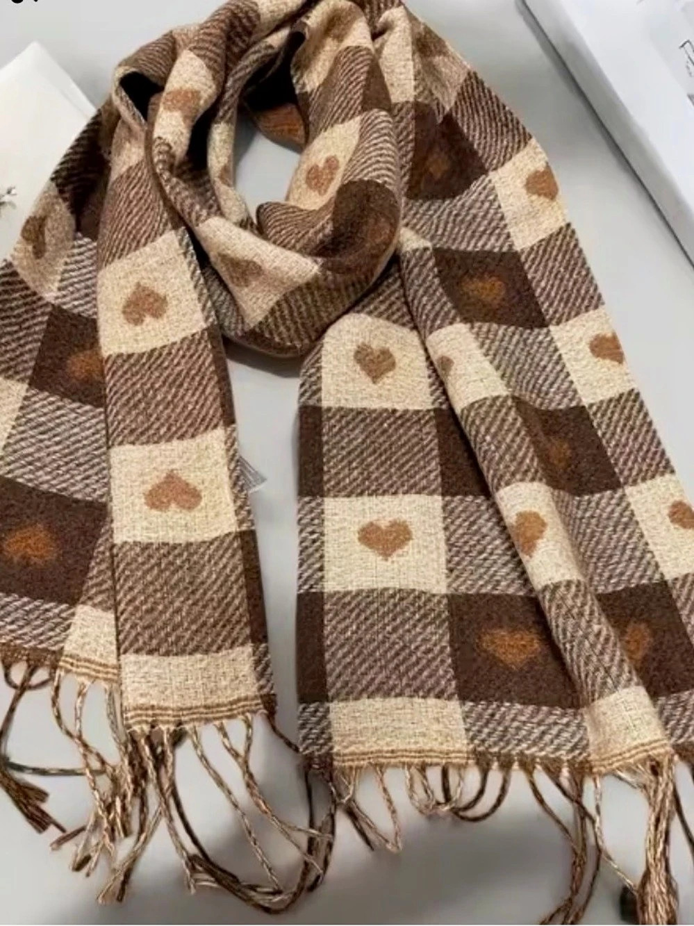 Stylish Heart Pattern Super Soft Shawl Scarf Women Winter Attire Black Tan Plaid